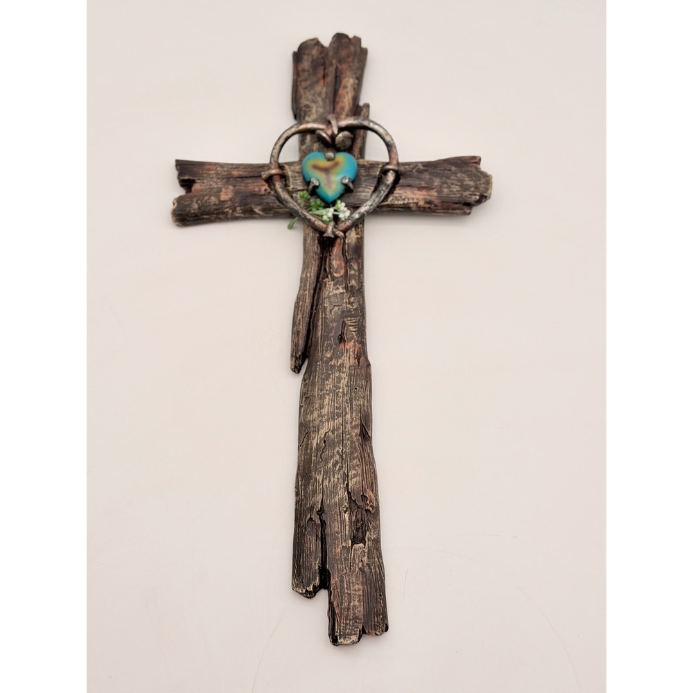 Rustic Faux Wood Wall Cross Heart Teal Cabochon Religious Decor Brown